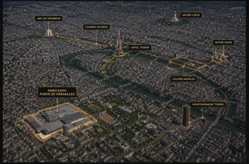 Aerial view of Paris with the EWC venue and major landmarks labeled